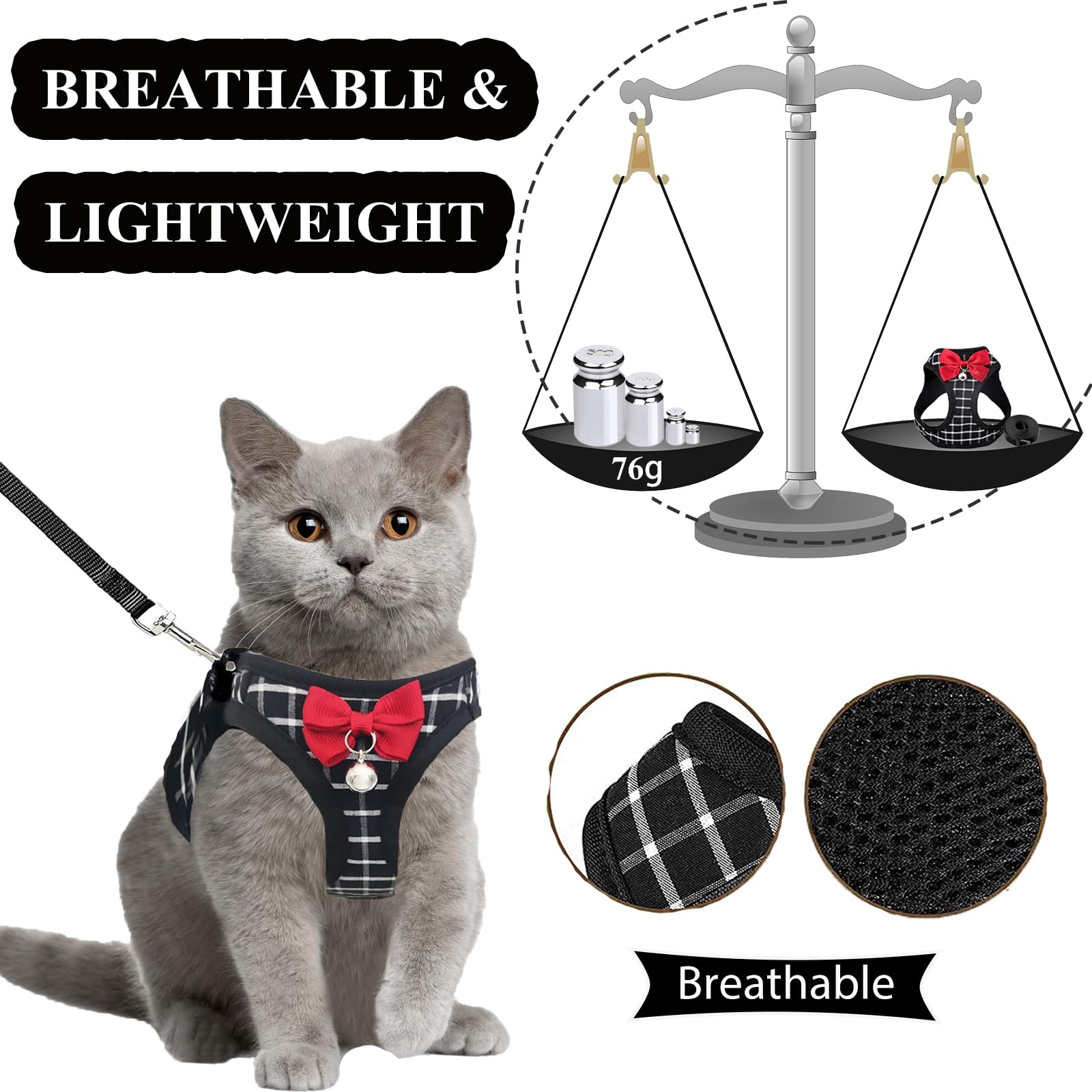Juego de arnés y Correa para Gatos, Chaleco Suave Transpirable para Gatos y Perros, a Prueba de Escapes con decoración de Campana y Lazo para Navidad (XS, Negro)