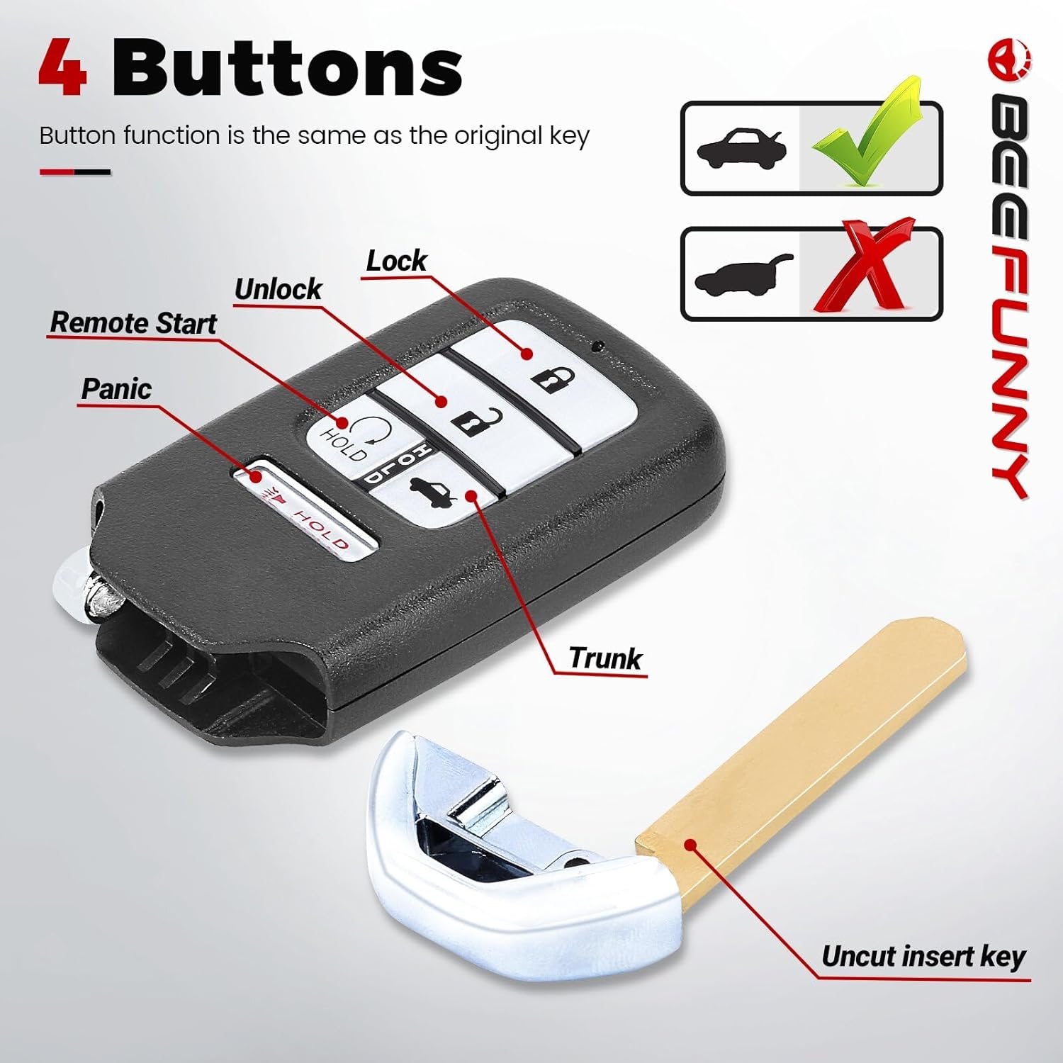 Beefunny Replacement Remote Keyless Entry Key Fob for Honda Accord 2016 2017 2018 FCC ID:ACJ932HK1310A PN: 72147-T2G-A51 5Buttons 433MHz