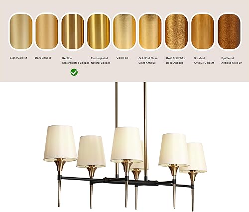 Miniatura 6 de Uolfin Lámpara de araña negra y dorada, 6 luces, moderna lámpara de comedor con pantallas de tela blanca, iluminación colgante grande de isla de