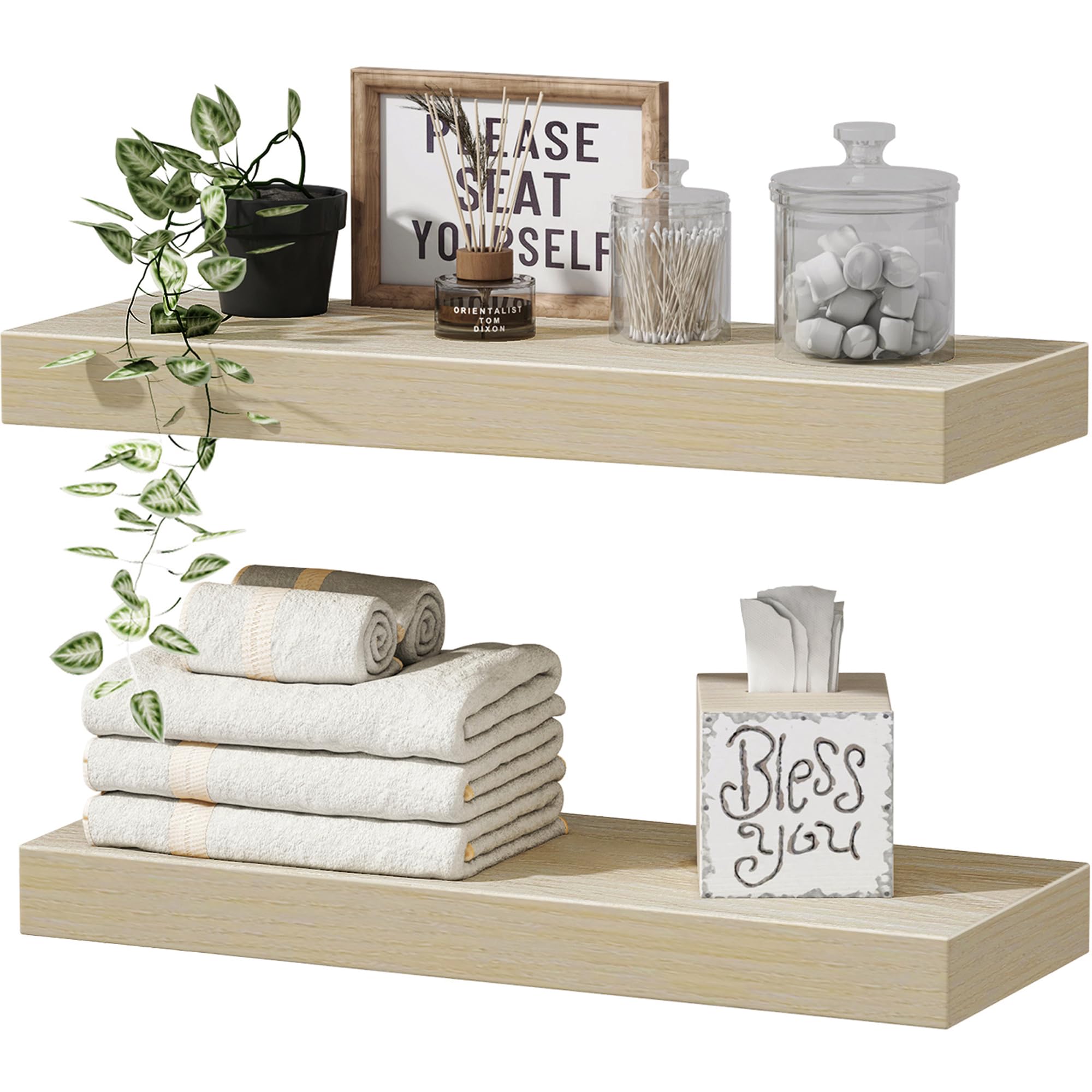 QEEIG Bathroom Floating Shelves for Wall - 15.7" Wall Mounted Shelf Over Toilet Farmhouse Home Decor Display Bookshelf Small 15.7 x 6.7 inch Set of 2, Natural Light Brown (008-40N)