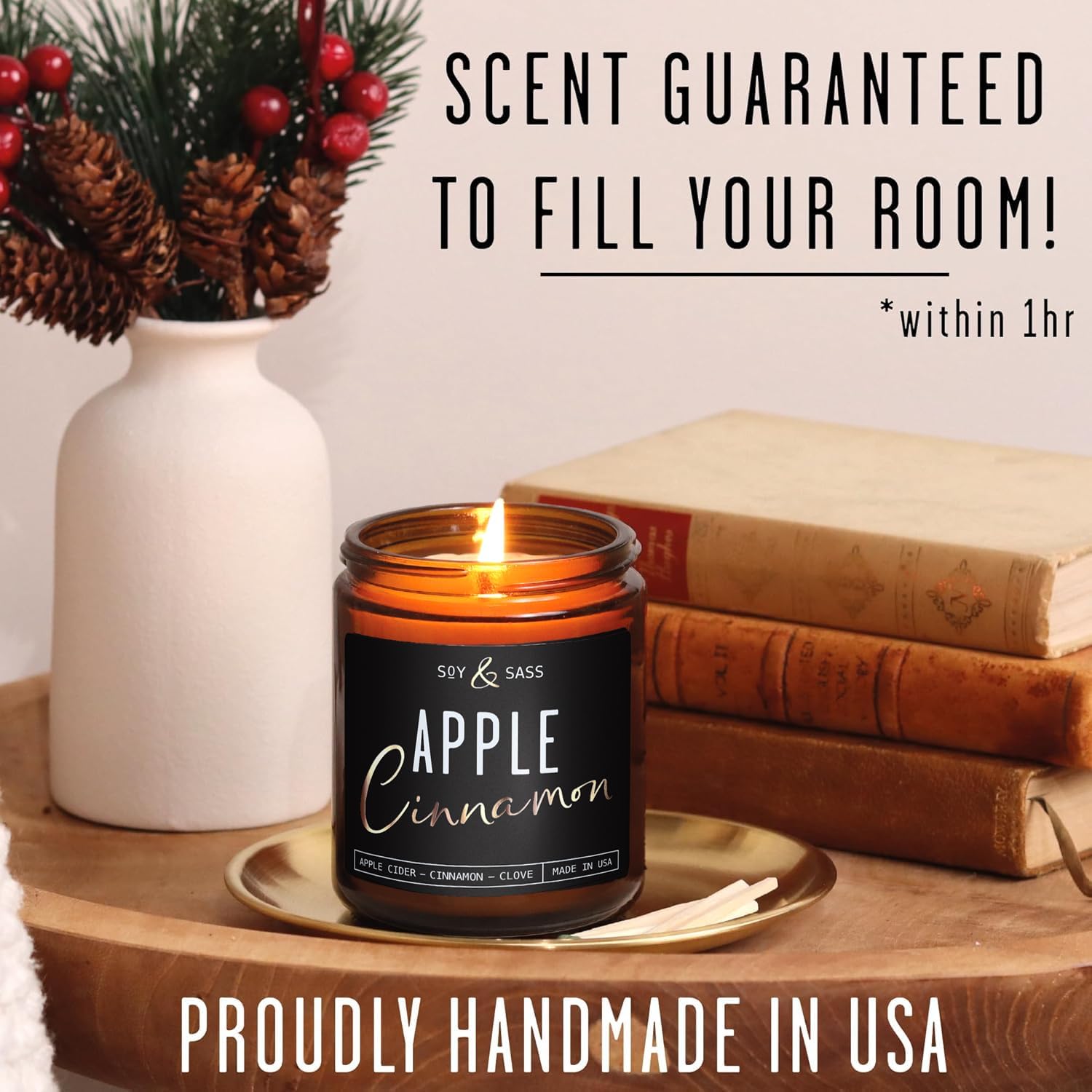 Apple Cinnamon Candles, Cinnamon Apple Candle - 'Apple Cinnamon' Infused w/Essential Oils I Scented Strong Soy Candles for Home for Christmas/Fall I Apple Pie Candle I 50Hr Burn, Made in USA