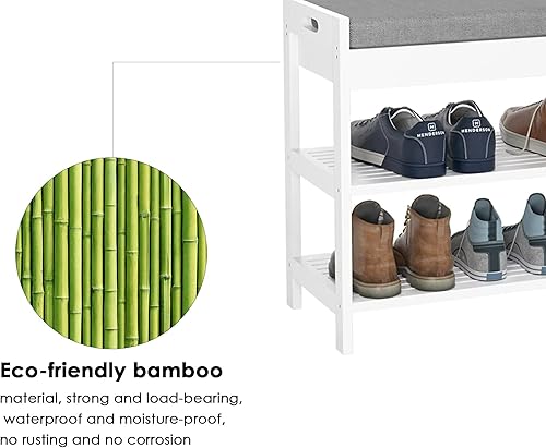 Miniatura 7 de HIFIT Banco de zapatos de bambú con almacenamiento, banco de almacenamiento de entrada con asiento acolchado, estante para zapatos para entrada,