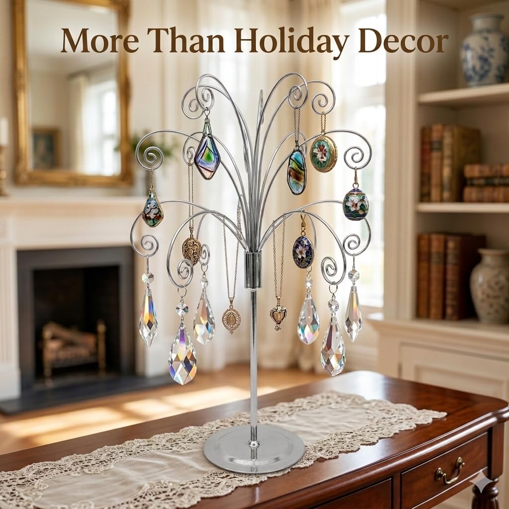 HOHIYA 50 cm Ornament Präsentationsständer Metall mit 15 Haken Silber | Eleganter Metallständer für Kristall-, Glas- und Weihnachtsornamente mit stabiler Basis für stilvolle Dekoration.