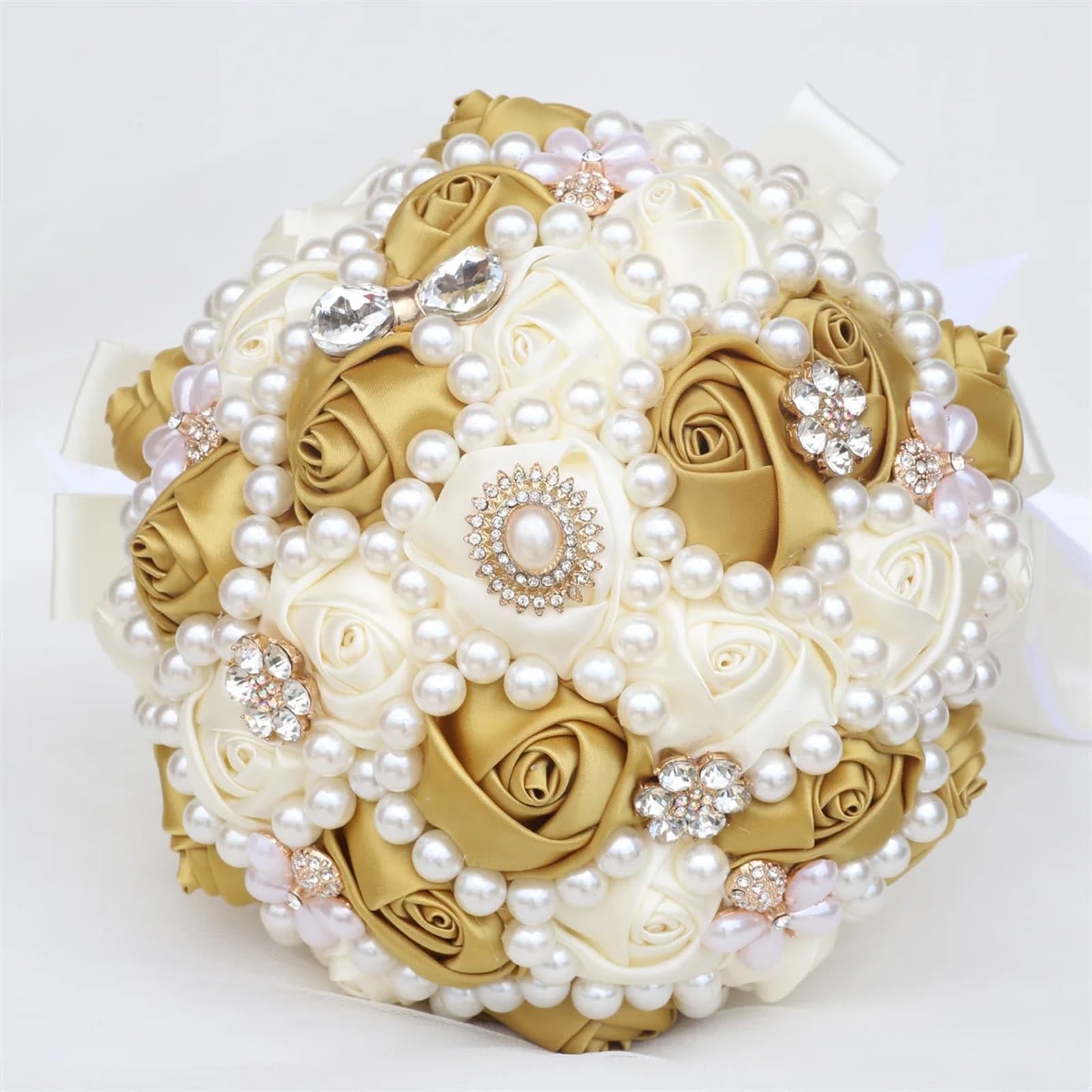 NDLHXKFRP Wedding bouquets for brides and bridesmaids, Wedding Bouquet Bridal Artificial Satin Rose Brooch Pearl Ribbon Diamond(Color 12)