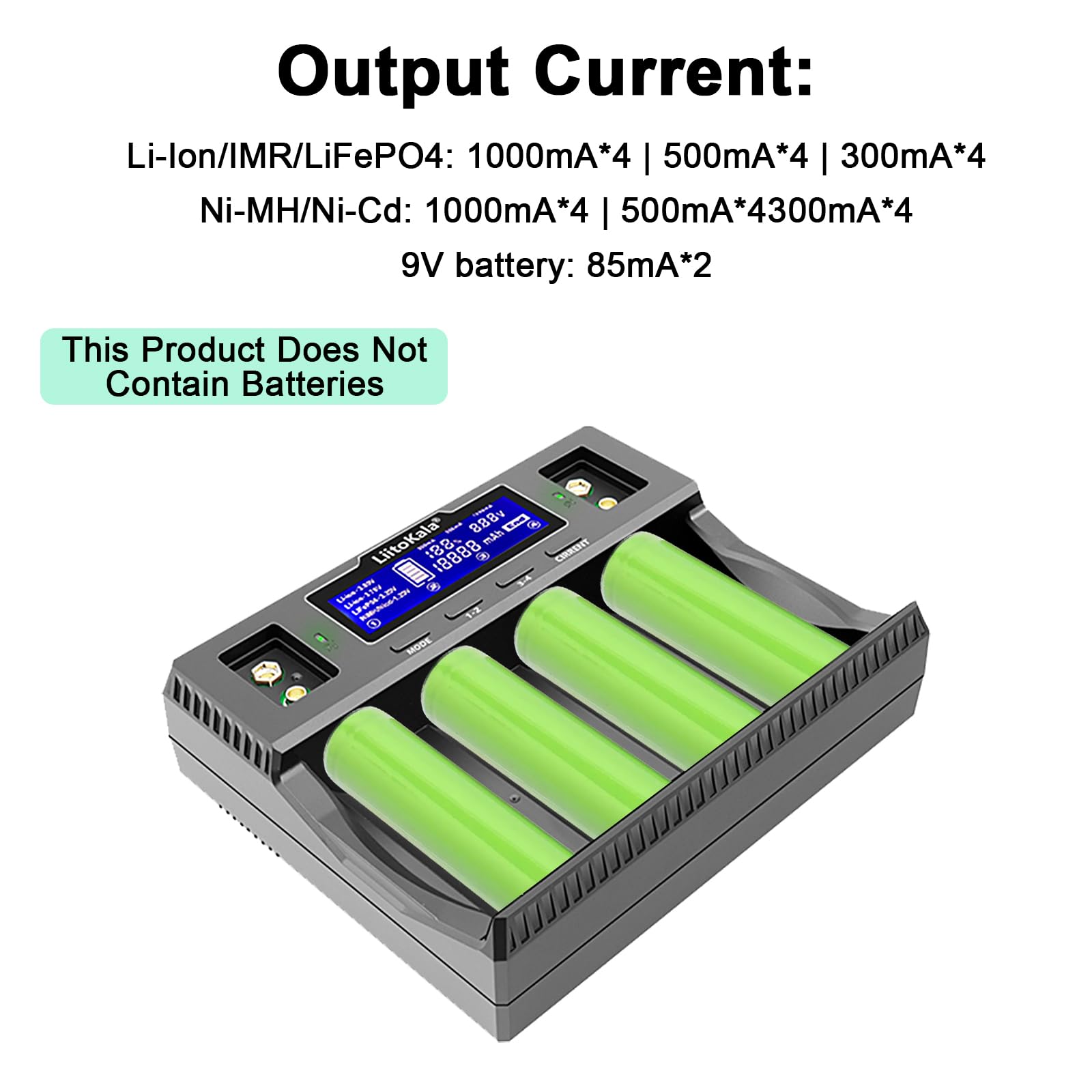 LiitoKala Lii-D4XL Cargador de Batería con Pantalla LCD, para 14500 18650 26650 32700 AA AAA Li-Lion (4.2V), Ni-MH/Ni-CD (1.48 0V), LiFePO4 (3.65V), Potencia de Entrada DC 12V 2A, 4 Bahías