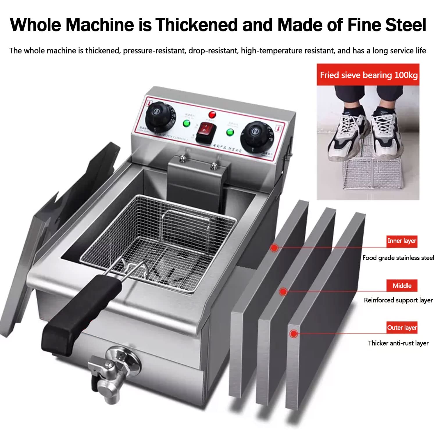 Freidora eléctrica de acero inoxidable con tapa y cesta para aceite, control de temperatura, tapa plateada y grifo de cobre (13 l)