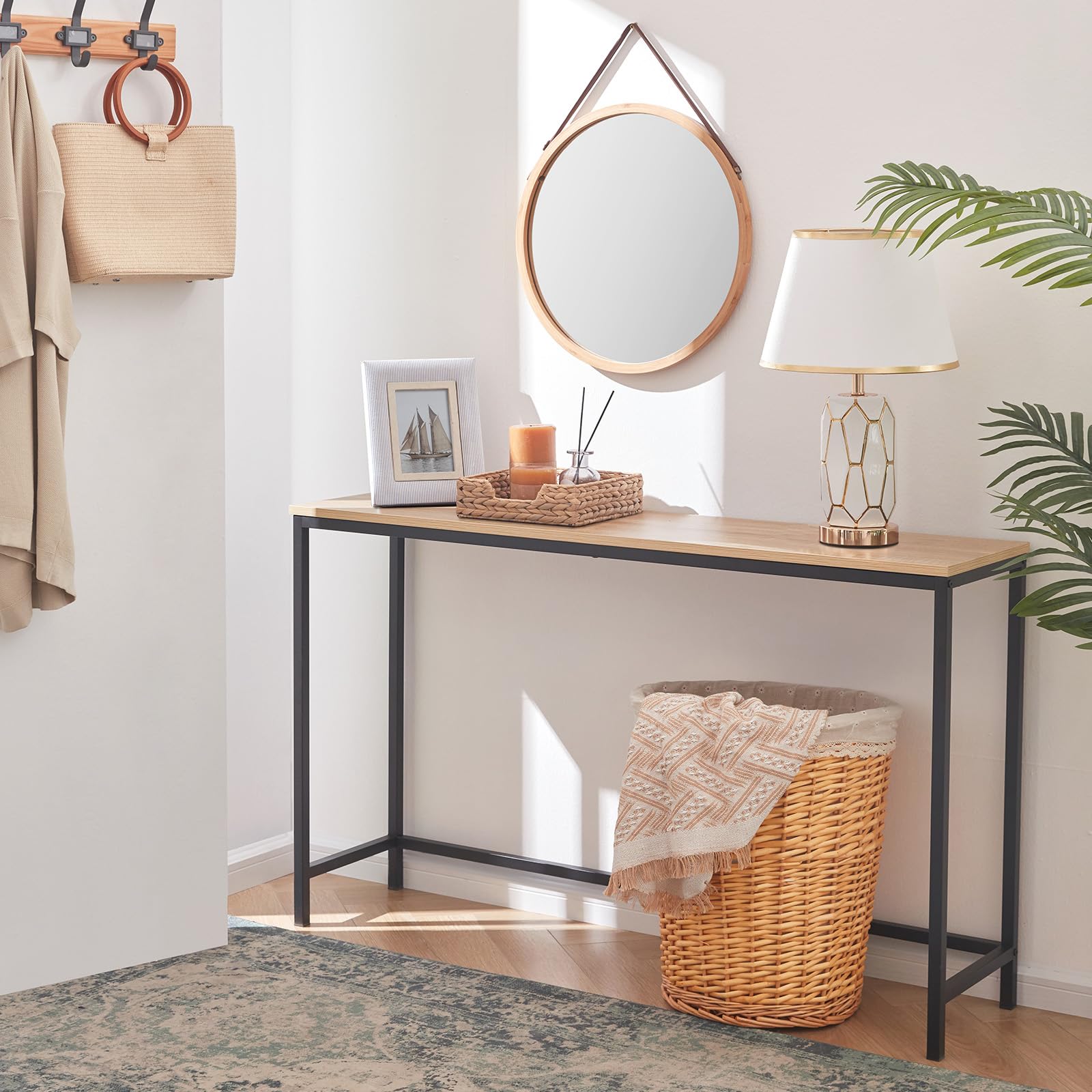 Plank Beam Moderne massief houten consoletafel, 117 cm, banktafel, smalle ingangstafel voor hal, achter de bank, woonkamer, foyer, eenvoudige montage, blond