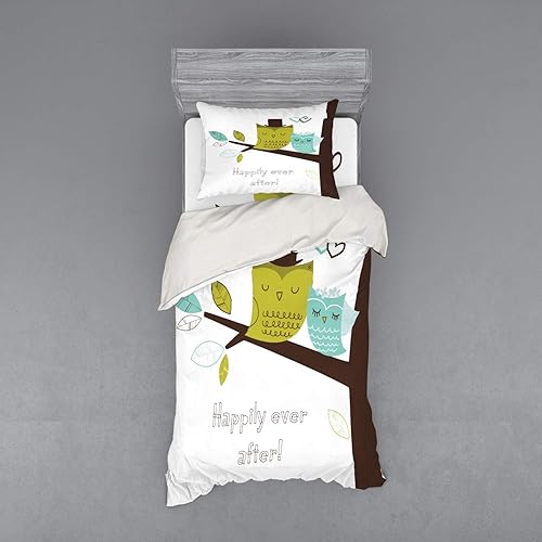 Lunarable Owls Bedding Set, 2 Owls on Tree Branch Happily Ever After Message Romantic Art, 3 Piece Duvet Cover Set with Sham and Fitted Sheet, Twin