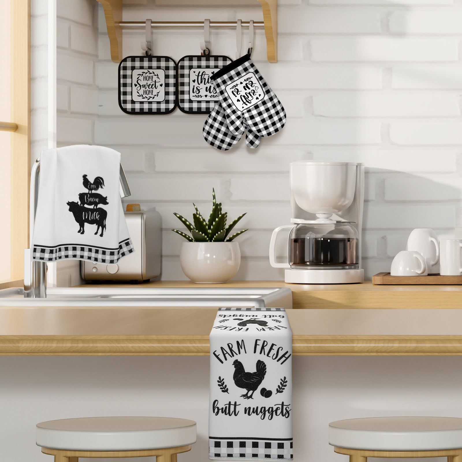 Juego de 6 paños de cocina de mármol de granja, soportes para ollas y guantes de horno, color rosa, blanco y dorado, resistentes al calor, decoración de cocina de animales de granja para 7