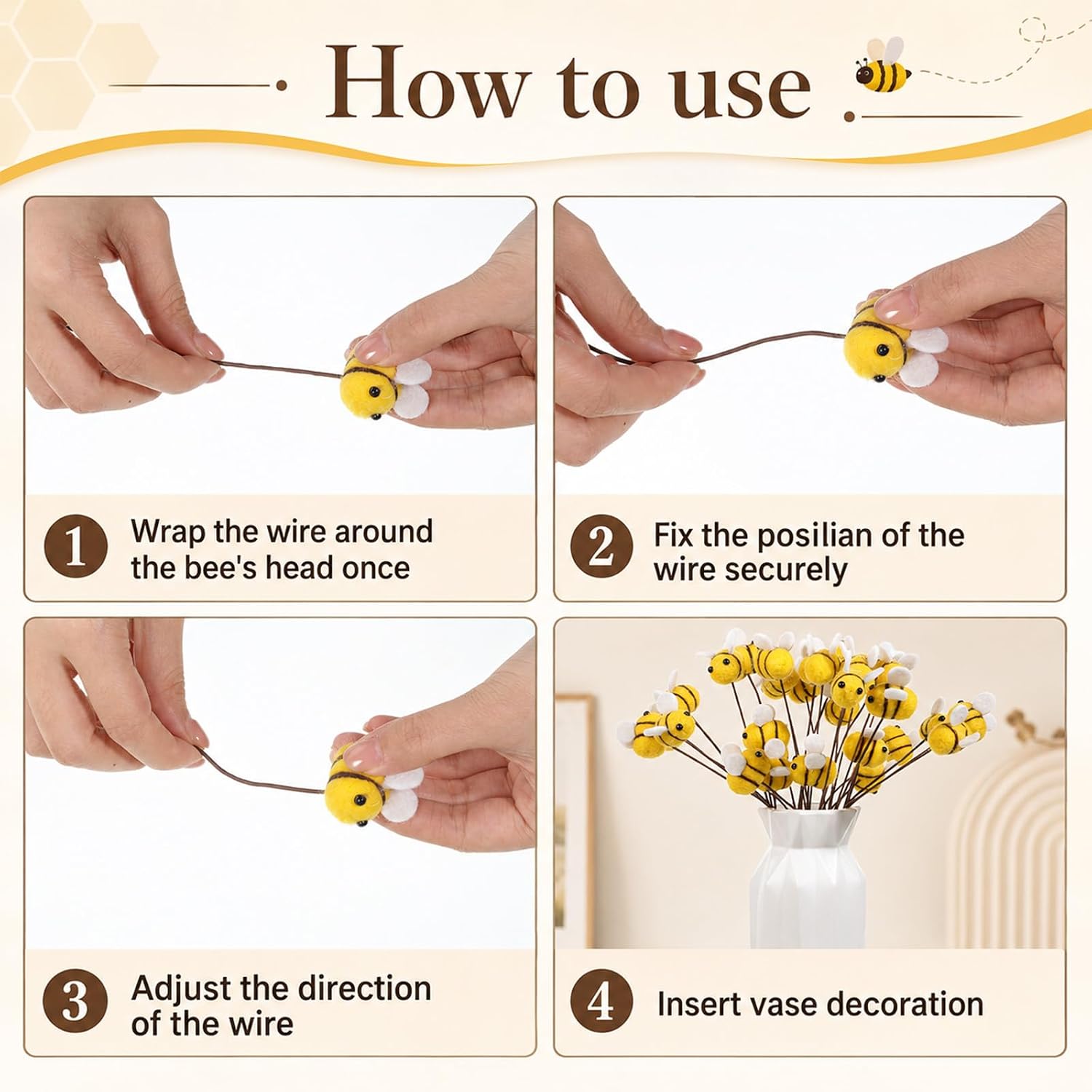 Felt Bees for Crafts 40 Felt Honeybees and 40 Stem Wires Honey Bee Sticks image 5