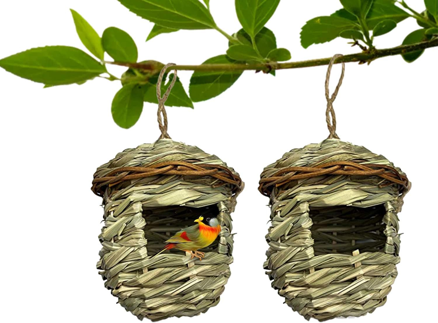 Hummingbird House for Outside for Nesting, Hanging Bird House with Rope for Outdoors, 9.8 x 4.72 Inch Hand Woven Natural Grass Birdhouse,Garden Outdoor Home Decoration,for Finch Canary,2 Pack: Pet Supplies