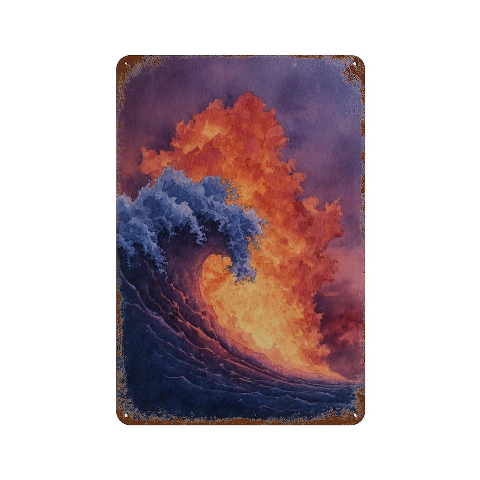 Ocean Wave Sunset Painting Aged Metal Wall Plaque 11.8"x7.9", Industrial Home Decor for Pub, Kitchen And Man Cave Decor