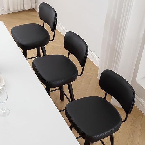 Miniatura 53 de Bekrvio Juego de 3 taburetes de bar giratorios de altura de mostrador, taburetes de bar tapizados de piel sintética con respaldo de ratán, sillas de