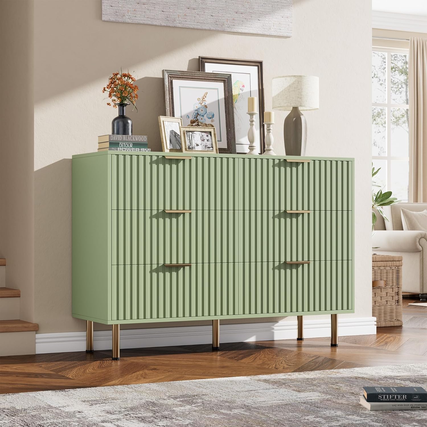 GarveeHome Green 6 Drawer Dresser for Bedroom, Fluted 47.2 in Wide Modern Chest of Drawers with Deep Drawers, Long Large Double Dresser TV Stand for Living Room, Hallway, Kids Room Green 15.8"D x 47.2"W x 33.4"H (6 Drawers)