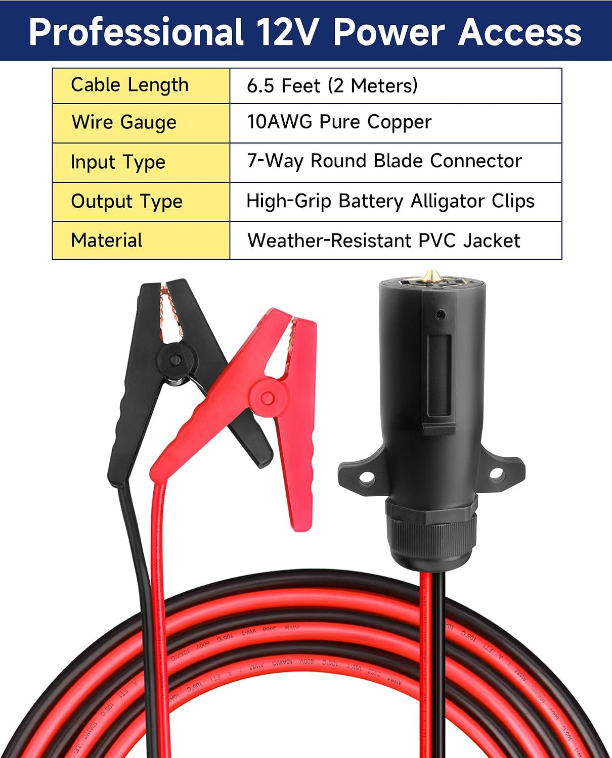 7 Way Trailer Plug to Alligator Clips Cable, 6.5FT | 10AWG Heavy Duty, 7 Pin Connector, 12V Power Source to Battery, Crocodile Clips Adapter, RV Truck Trailer Quick Connect