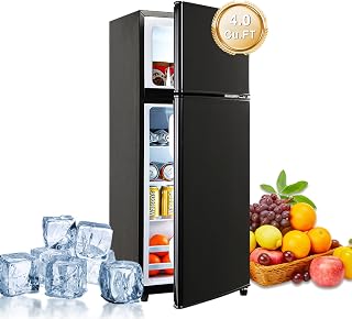 FLS-90-BLACK 4.0Cu.Ft Compact, Small Refrigerator with Freezer, Retro Fridge with Dual Door, 7 Level Adjustable Thermostat for Garage, Dorm,Bedroom, Office, Black