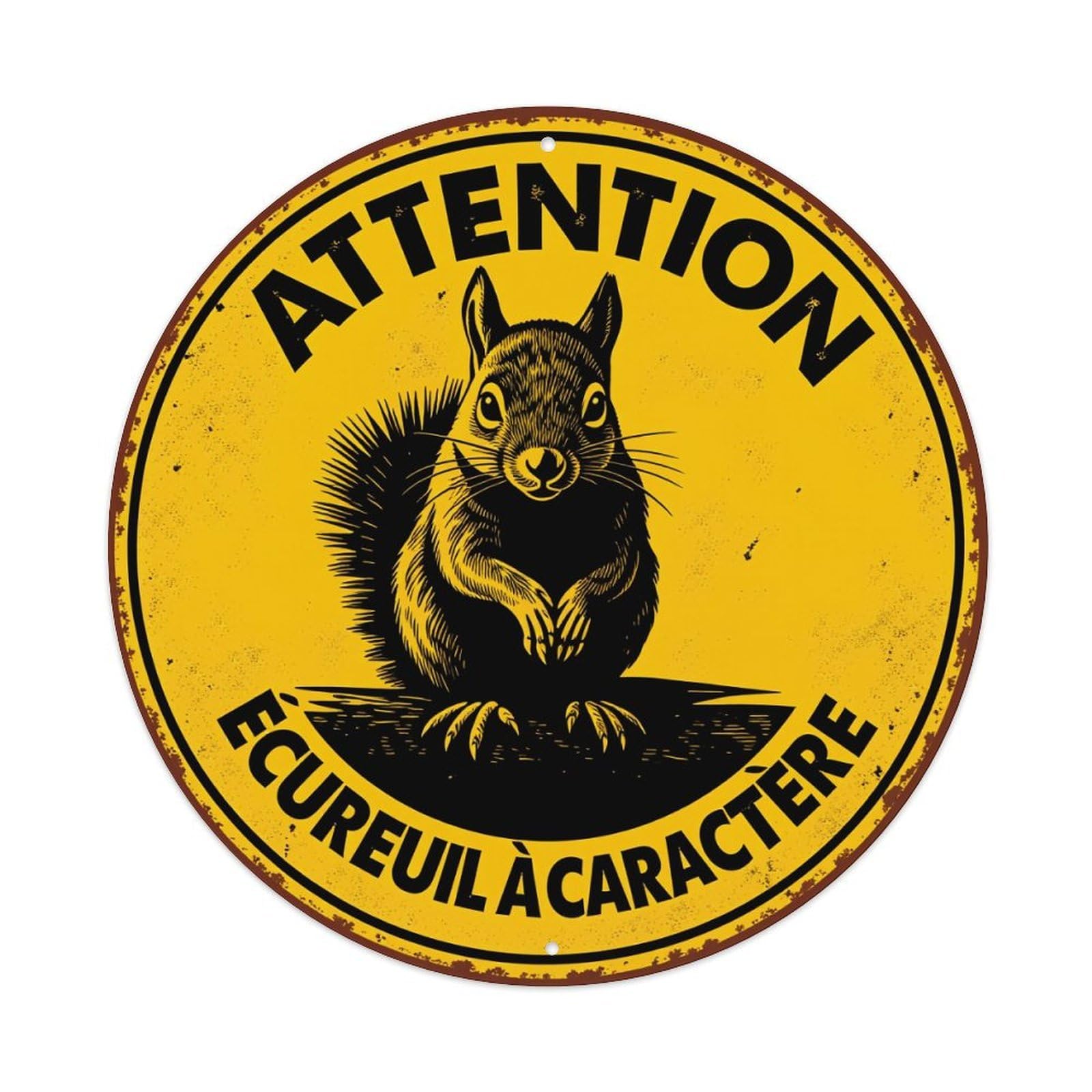 Attention Squirrel Character Yellow Sign Round Tin Sign Vintage Style Metal Sign Home Bar Garden Wall Plaque Decor Metal Poster 8x8 Inch