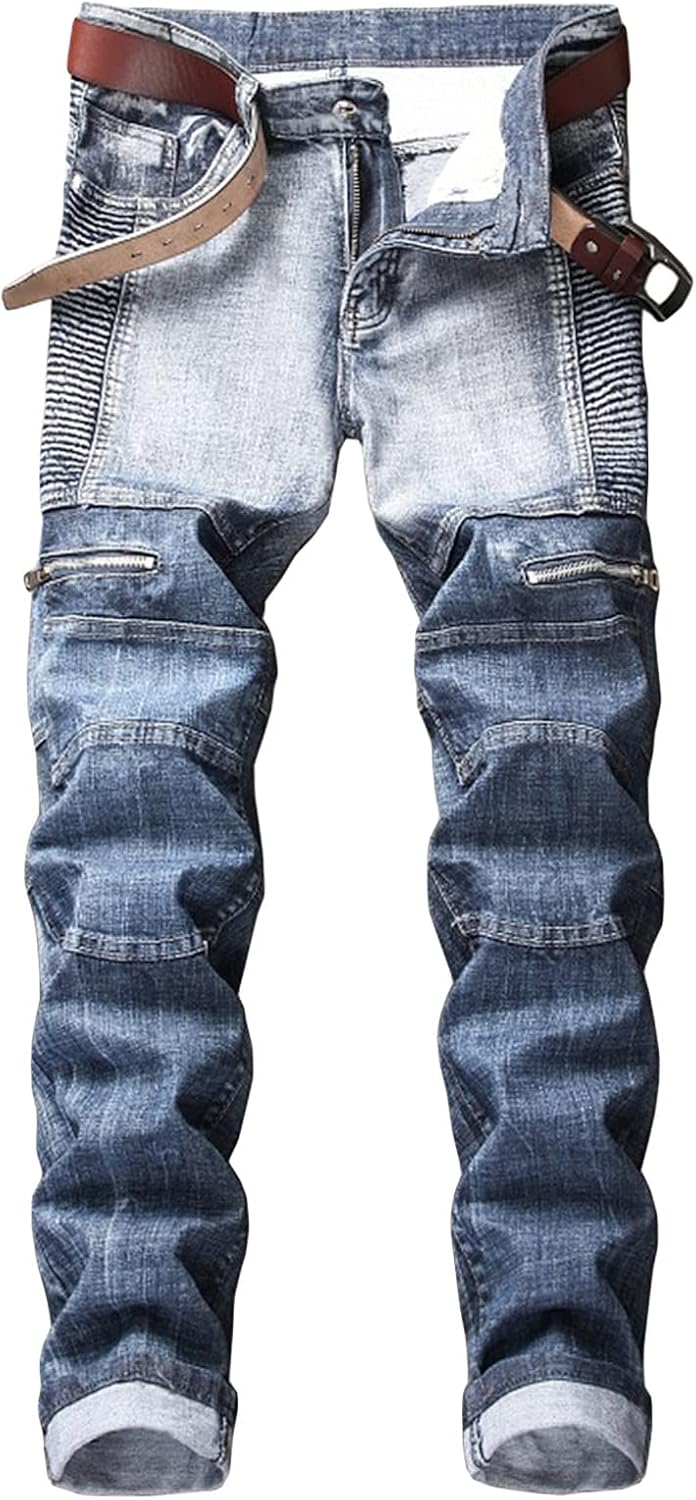 DGHM-JLMY Men's Street Motorcycle Wrinkle Slim Stretch Jeans Personality Bikes Denim Riding Pants Motorbike Knee Hip Jeans