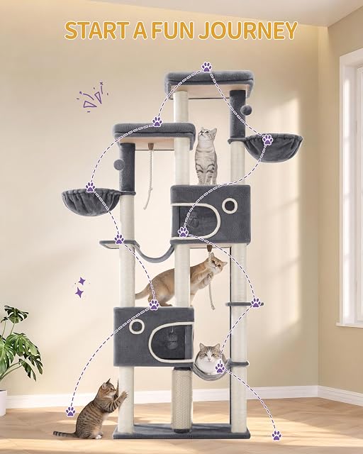 Foto 4 de 8 de Hzuaneri Árbol para Gatos Grande, Torre para Gatos de Interior 213 cm con 2 Plataformas XL, 2 Cuevas