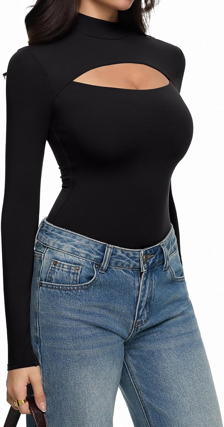 REORIA Women's Mock Neck Cutout Front Bodysuit Trendy Going Out Long Sleeve Body Suits Tops Fall Outfits 2025 - Image 2