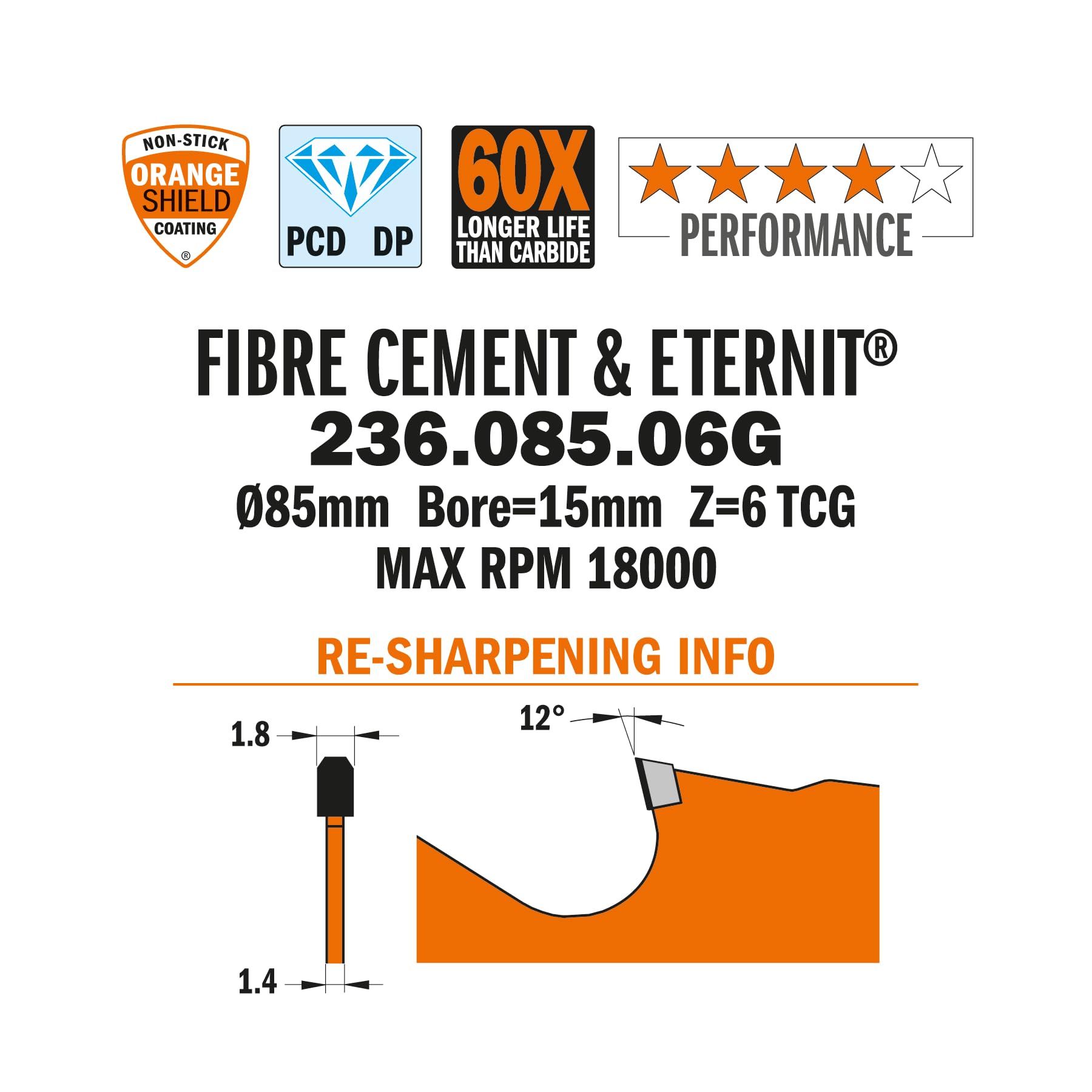 CMT 236.085.06 G ITK Plus Diamond hoja de sierra para los productos de cemento de fibra, 3 – 3/8 "x 6 trapezoidal dientes con orificio de 15 mm, recubrimiento de PTFE