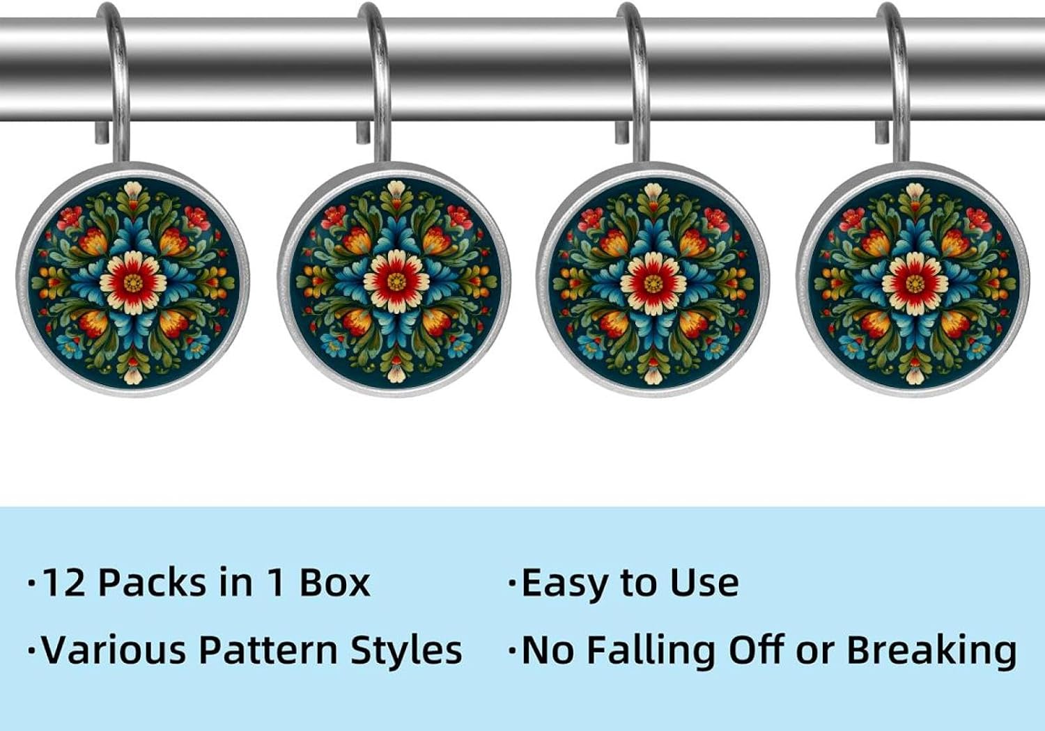 12 Pack Norwegian Rosemaling Folk Style Flower Shower Curtain Hooks, Stainless Steel Decorative Shower Curtain Rings for Bathroom, Rust Proof Shower Curtain Hangers for Curtains Rods