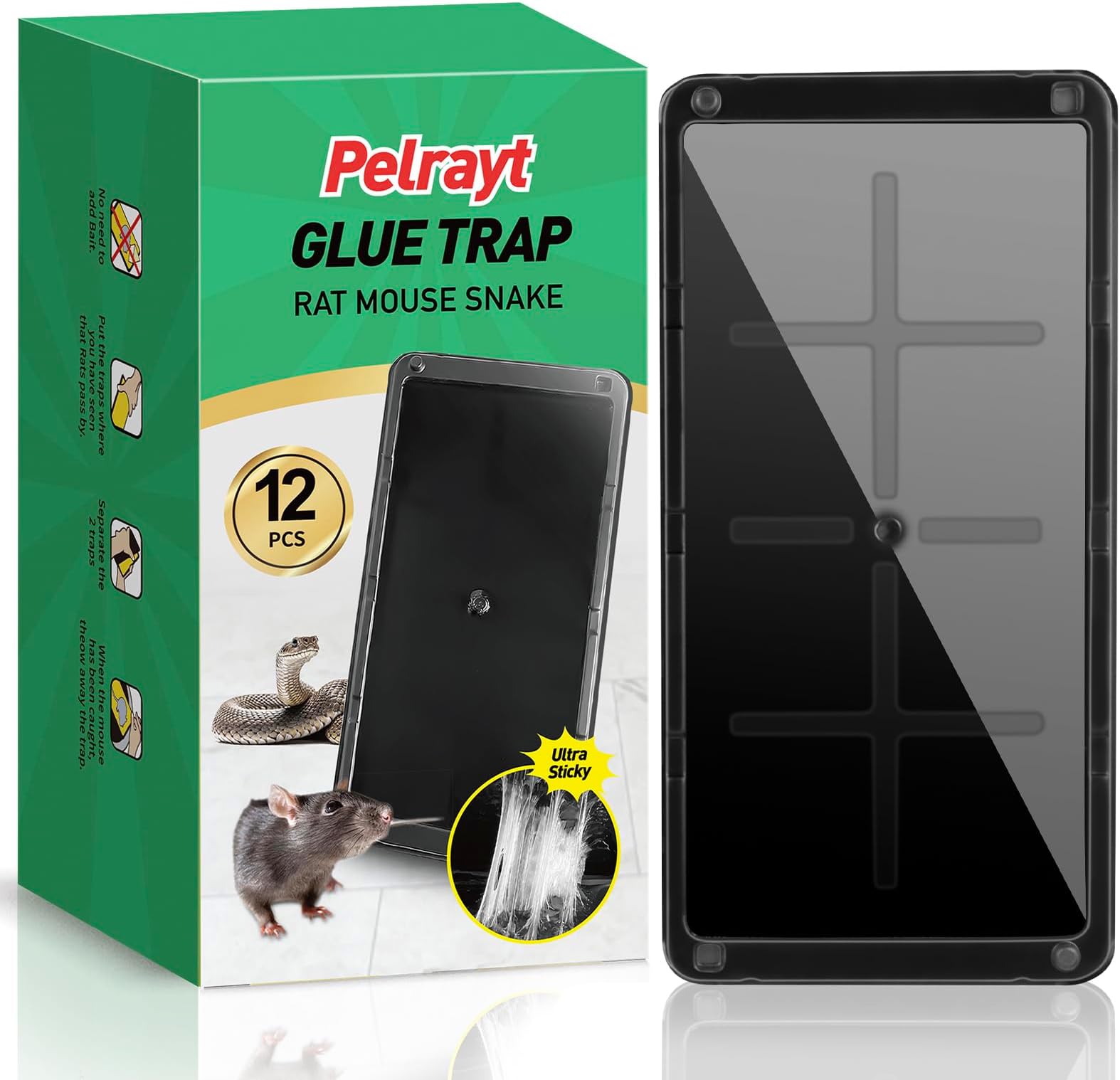 Pelrayt Glue Mouse Traps Indoor for Home, Rat Trap-12 Pack, Large Heavy Duty Glue Traps for Safe Home Pest Control. Pre-Scented, Non-Toxic Sticky Boards for Mice, Rats & More. Easy to Use