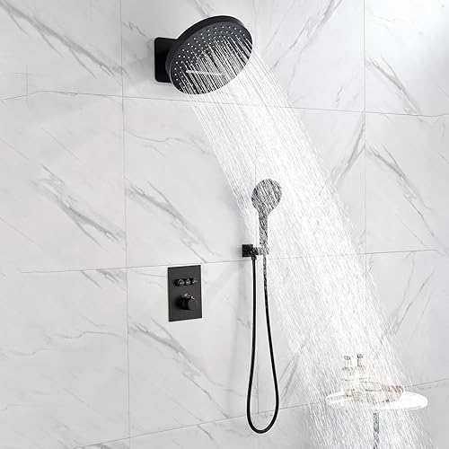 Miniatura 2 de Juego de grifo termostático de ducha de lujo con sistema de ducha de lluvia, kit de moldura de válvula áspera, botón desviador, accesorios de ducha