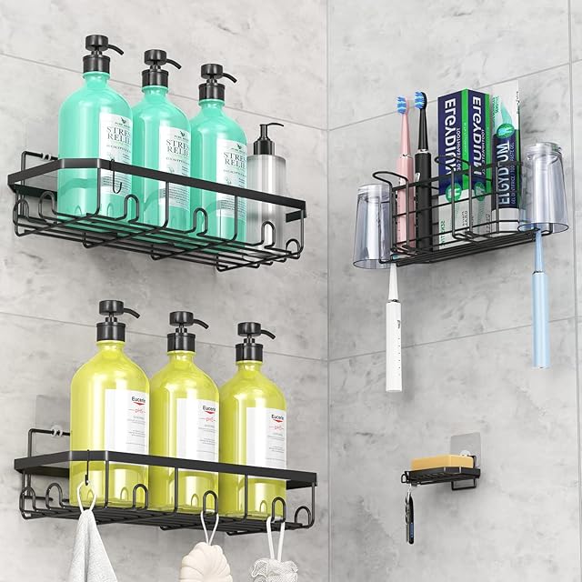 DILEASIR Shower Caddy Shower Organizer Storage Bathroom Organiser Strong Adhesive Rustproof Waterproof Large Capacity 4 Pack, Black