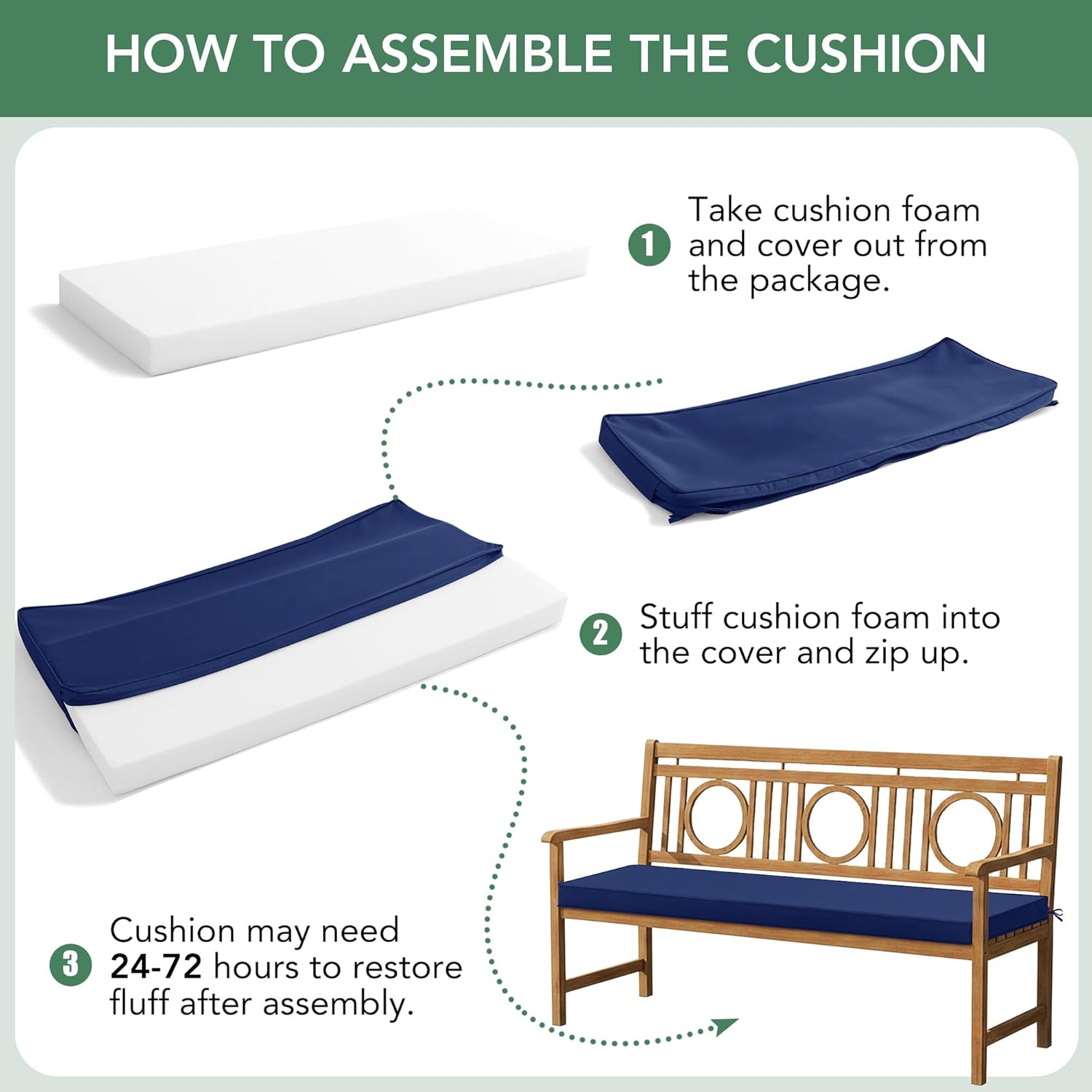 Outdoor Bench Cushion: Waterproof and Fade Resistant Patio Furniture Cushions - Non-Slip Bench Pad Cushion with Removable Cover for Garden Swing Porch Sofa Settee, 42 x 18 Inch, Navy Blue