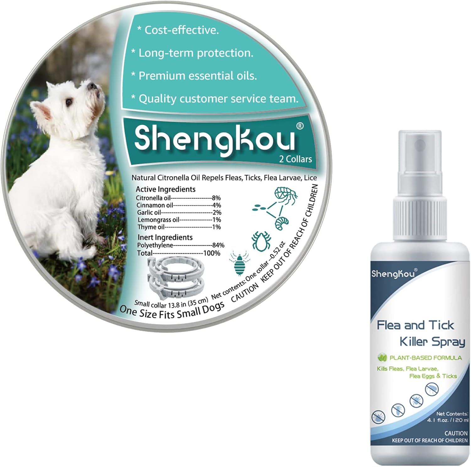 Flea and Tick Collar for Small Dogs, Prevention and Control of Pests on Puppies, 2-Pack, one Bottle of flea Spray, : Pet Supplies