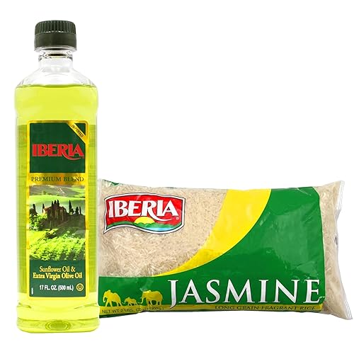 Iberia Aceite de oliva virgen extra y aceite de girasol, 17 onzas líquidas + arroz Iberia Jasmine, 2 lb.