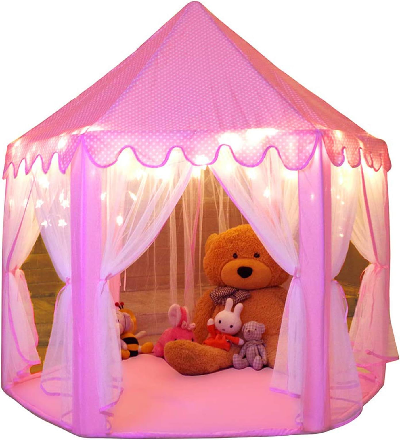 - Princess Tent Girls Large Playhouse Kids Castle Play Tent with Star Lights Toy for Children Indoor and Outdoor Games, 55'' x 53'' (DxH)