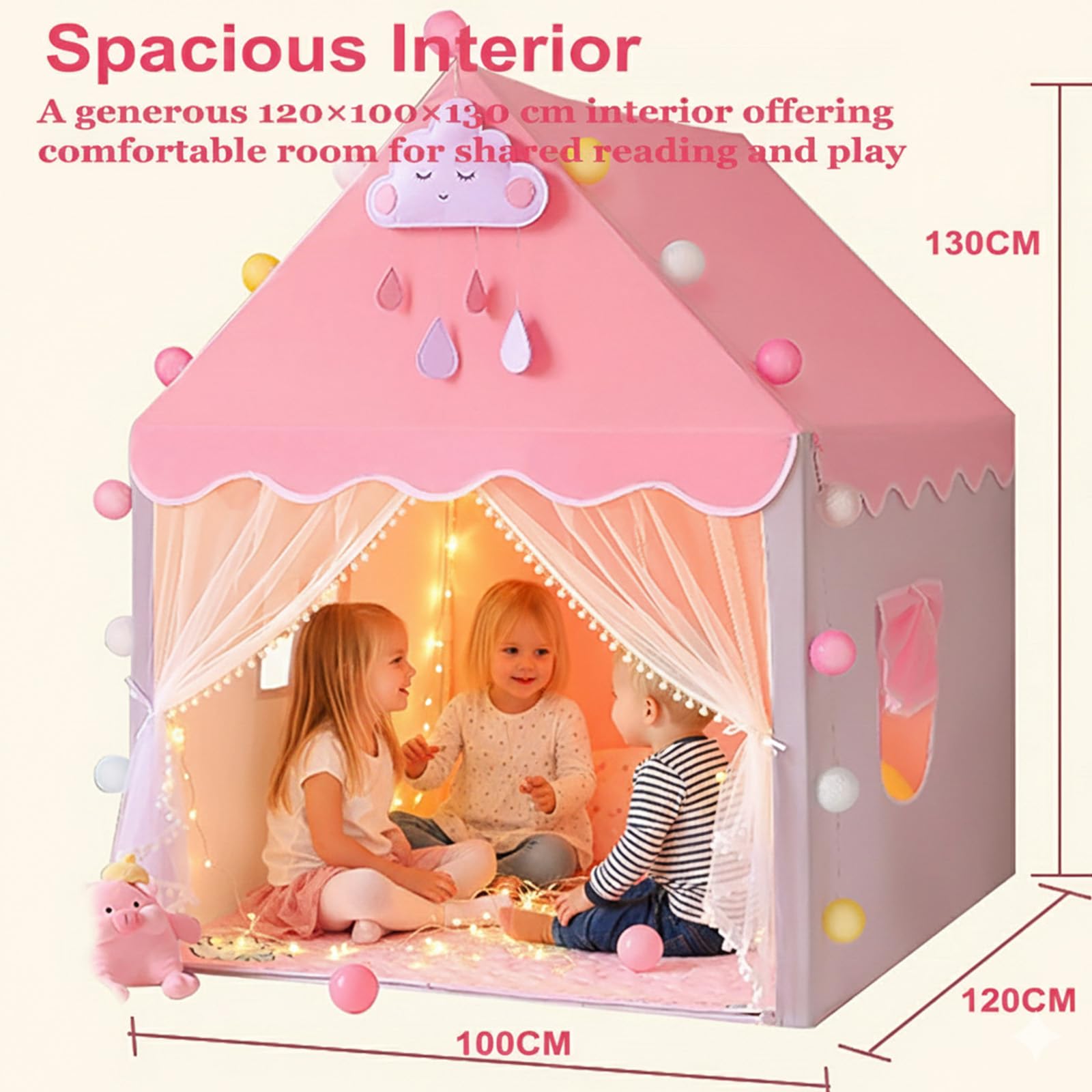 Large Kids Play Tent Indoor, 2 in 1 Children’s Playhouse with Star Lights and Colourful Flags - Image 4