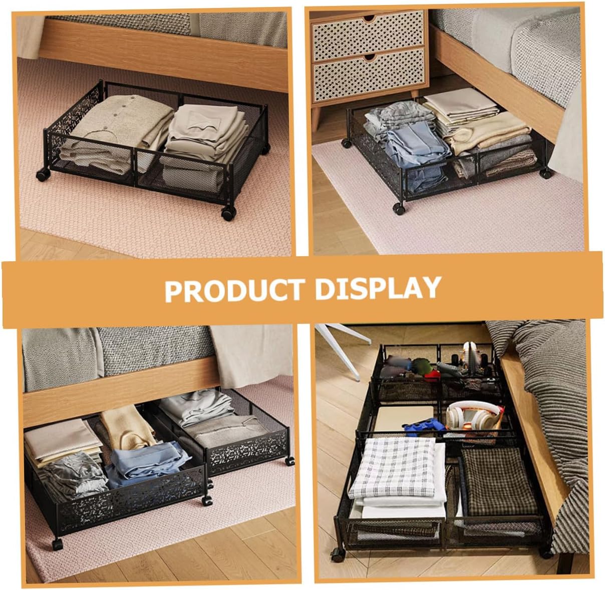 Unomor Bed Storage Drawers with Wheels, Foldable Flat Iron Frame Organizer, Black Patterned Underbed Storage for Clothes and Bedroom Space Saving