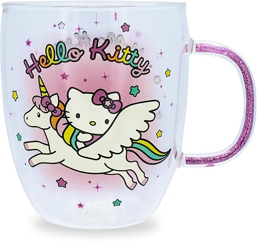Hello Kitty Sanrio - Taza de cristal con diseño de unicornio con mango de purpurina, taza de café para expreso, té con leche Boba | Capacidad para