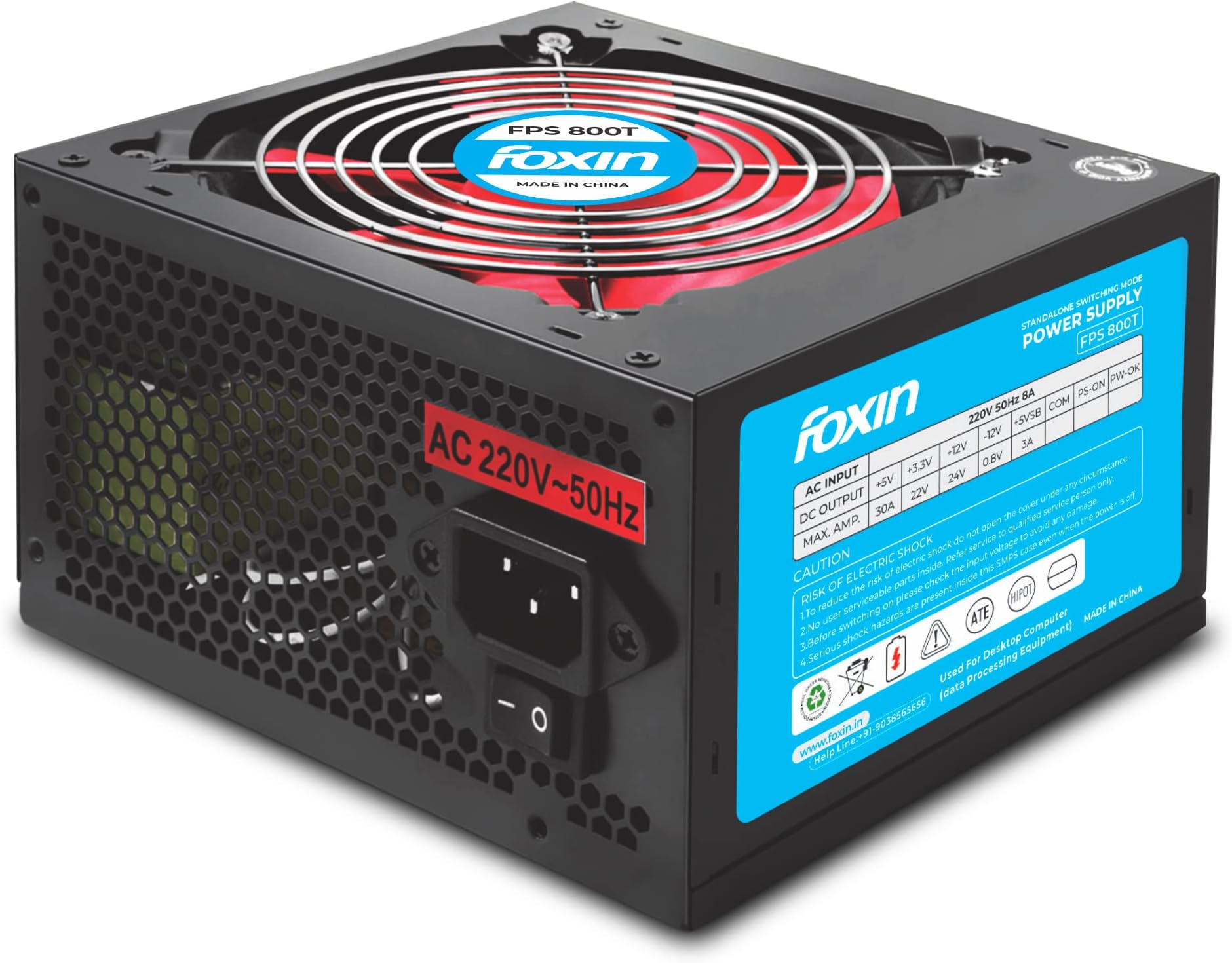 Foxin 250W FPSโ800T ATX SMPS Power Supply with 20+4 Pin Connector, 12V DC Output, 120mm Low Noise Fan, Multi-Protection (OVP/UVP/OCP/SCP), BIS Certified โ Suitable for Desktop, Office PCs & Server