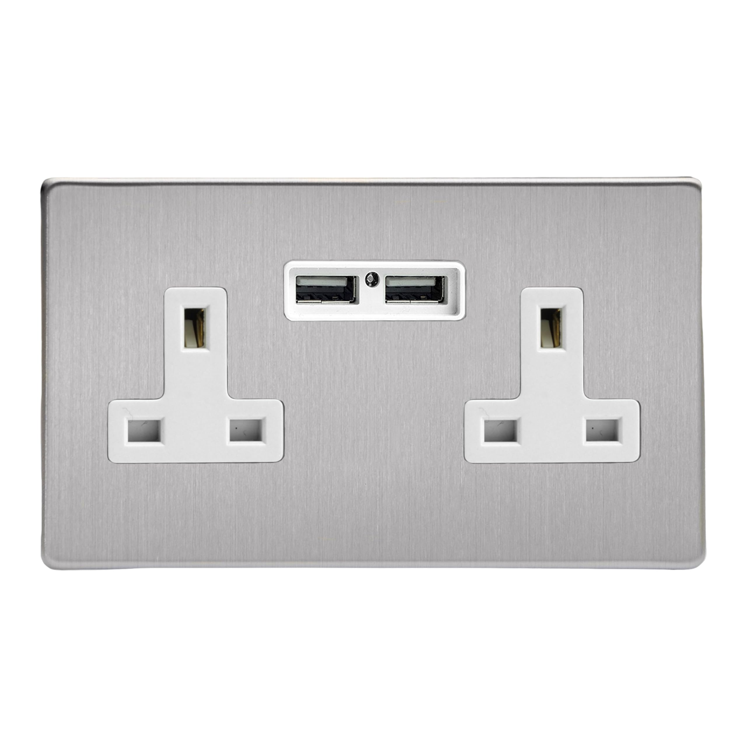 Varilight Double Unswitched Plug Socket With USB Charging - Screwless Brushed Steel With White Insert, XDS5U2WS