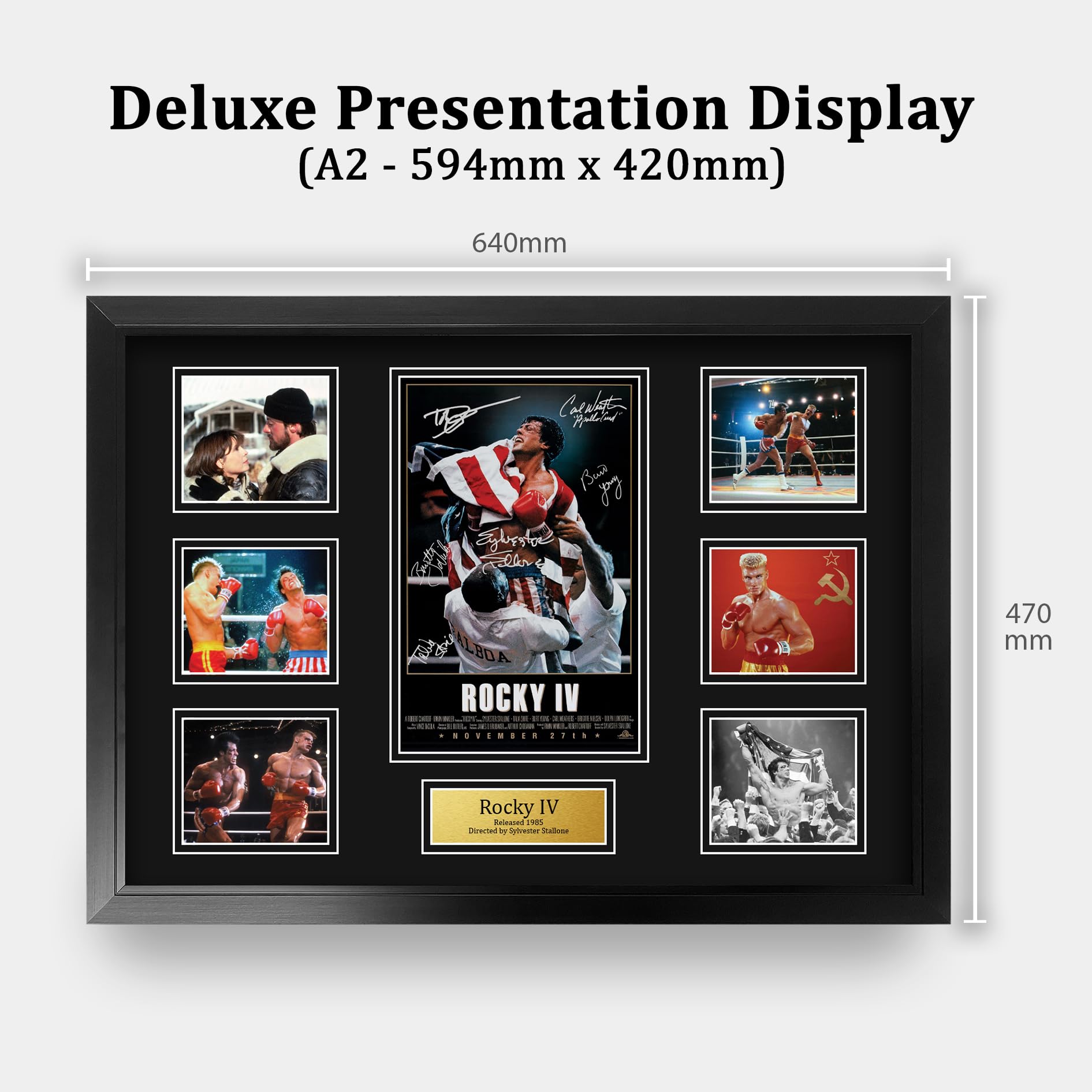 HWC Trading Rocky 4 Geschenke Geducktes Signiertes Autogramm Präsentationsdisplay für Fans von Film Memorabilien - A2 Gerahmt