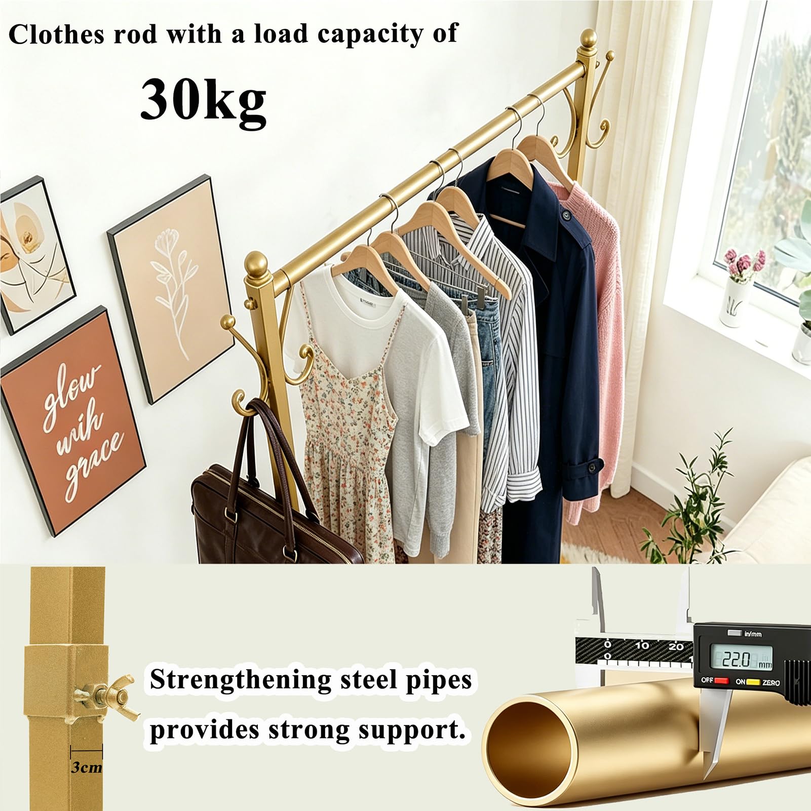 Metall-kleiderständer auf rollen, Gold (120cm) | Garderobenständer mit Bodenregal, 4 Rollen mit Bremse, Stabil kleiderstange, bis 65 kg belastbar, für Schlafzimmer, Boutique
