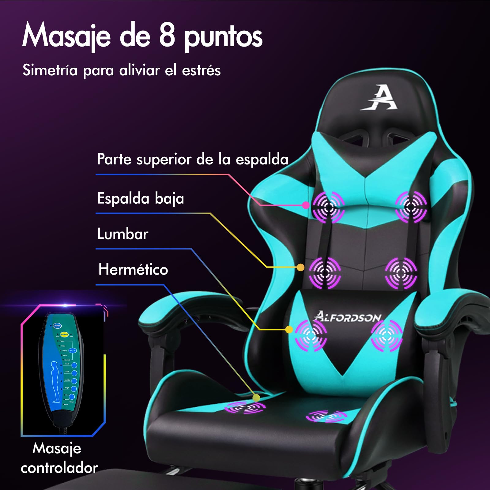 ALFORDSON Silla Gaming Profesional con Masajeador, Silla Ergonómica Gamer, Altura Regulable Silla con Apoyo Lumbar y Reposacabezas, Respaldo Inclinable hasta 150°, Giratoria de 360°, Cuero PU(Cian)