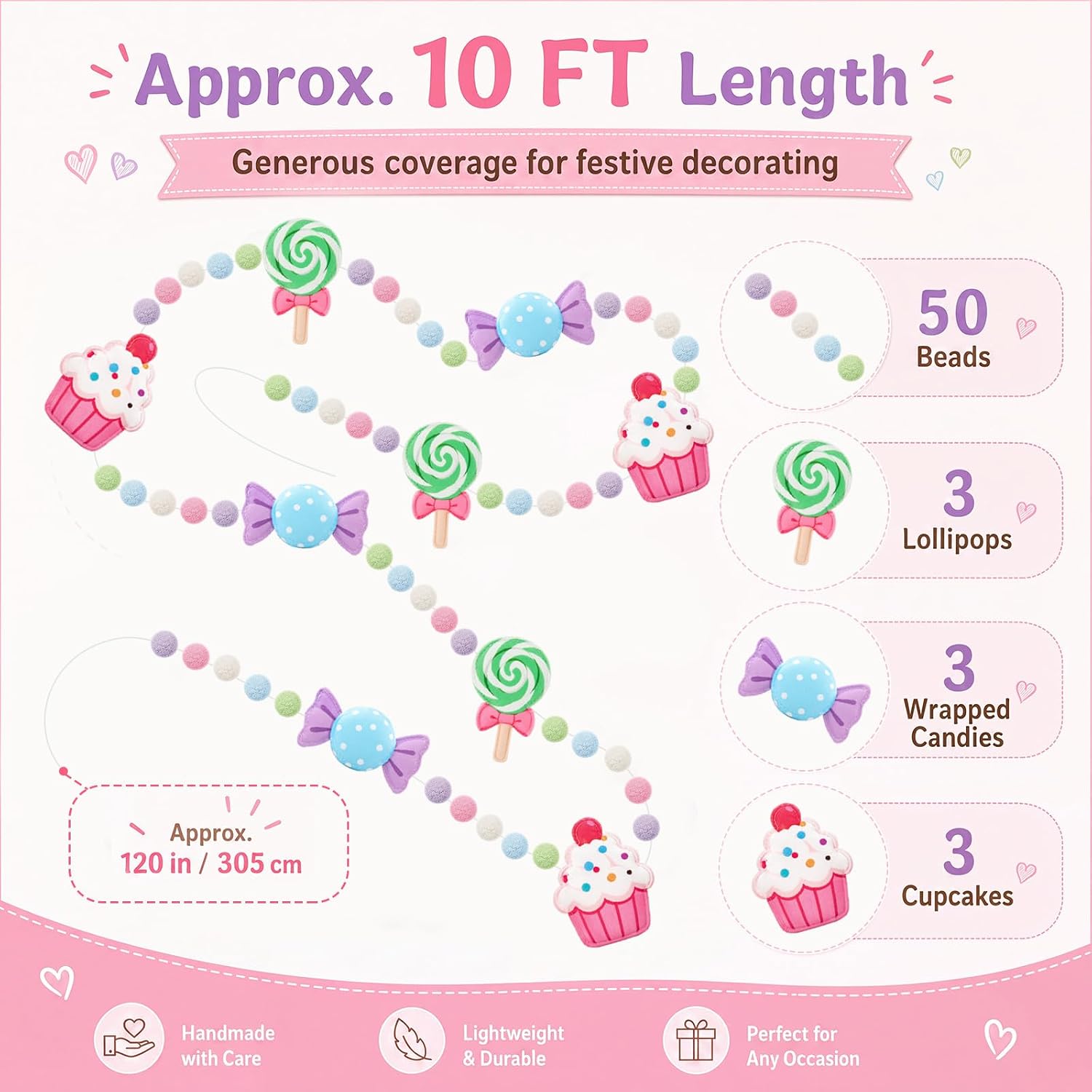 Irenare Christmas Felt Garland Candyland 10ft 3D Pastel Banner Pompom Decor