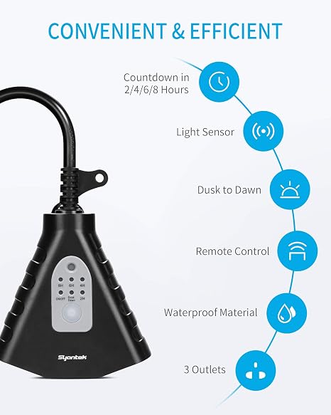 Syantek Outdoor Light Timer, Waterproof Outdoor Remote Control Outlets Christmas Light Timer;Remote Control Outlet Wireless Light Switch, Remote Light Switch Kit for Shristams Lights