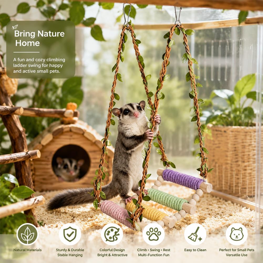 Sugar Glider Swing Toys,Natural Wood Rat Enrichment Toys | Small Animal Climbing Toys for Birds Squirrel Hamster,Hanging Sugar Cage Accessories