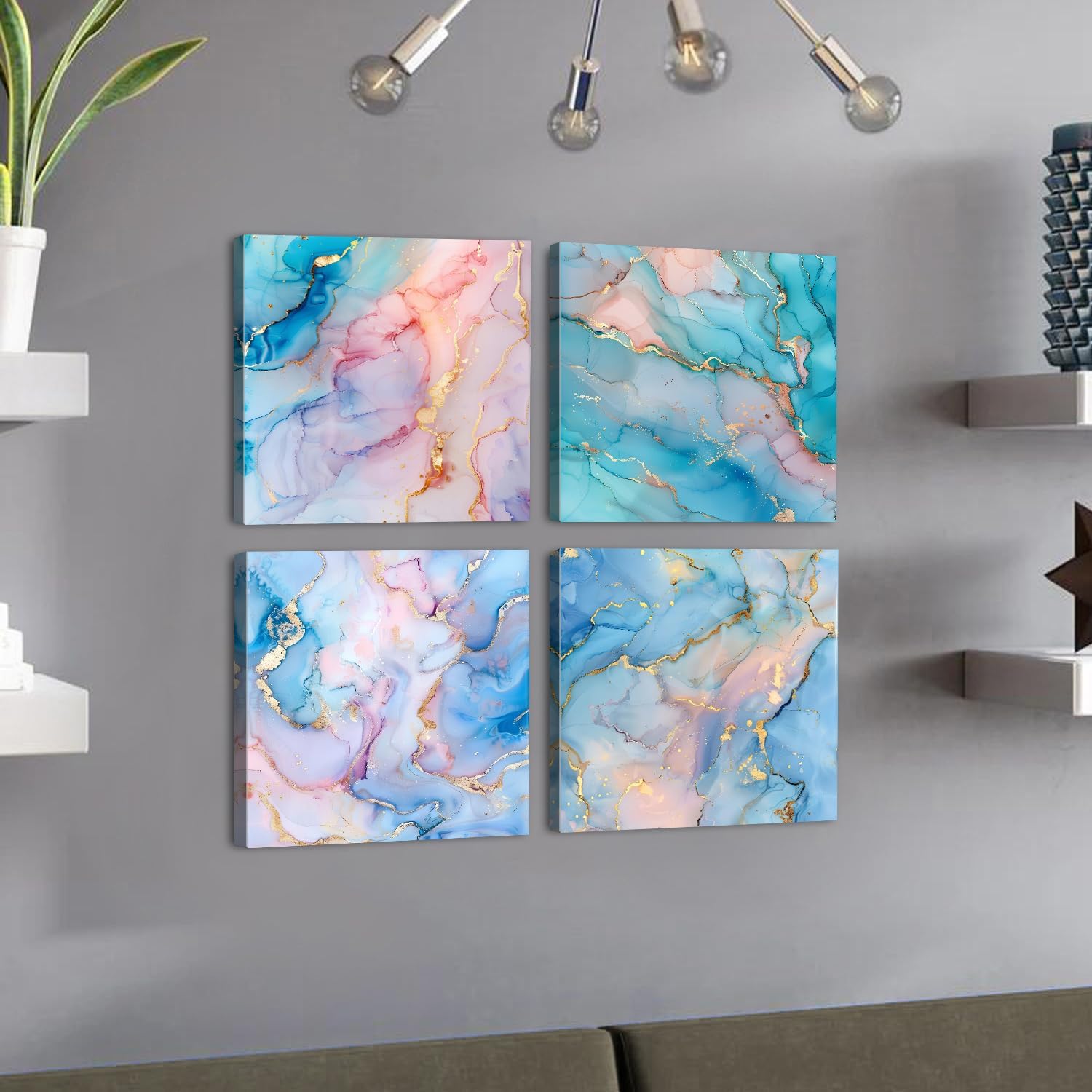 Colorful Abstract Marble Wall Art Pink Blue and Gold Fluid Pictures for Living Room Minimalist Rainbow Foil Lines Canvas Print Modern Artwork Bedroom Bathroom Kitchen Office Home Decoration 12x12" 4P