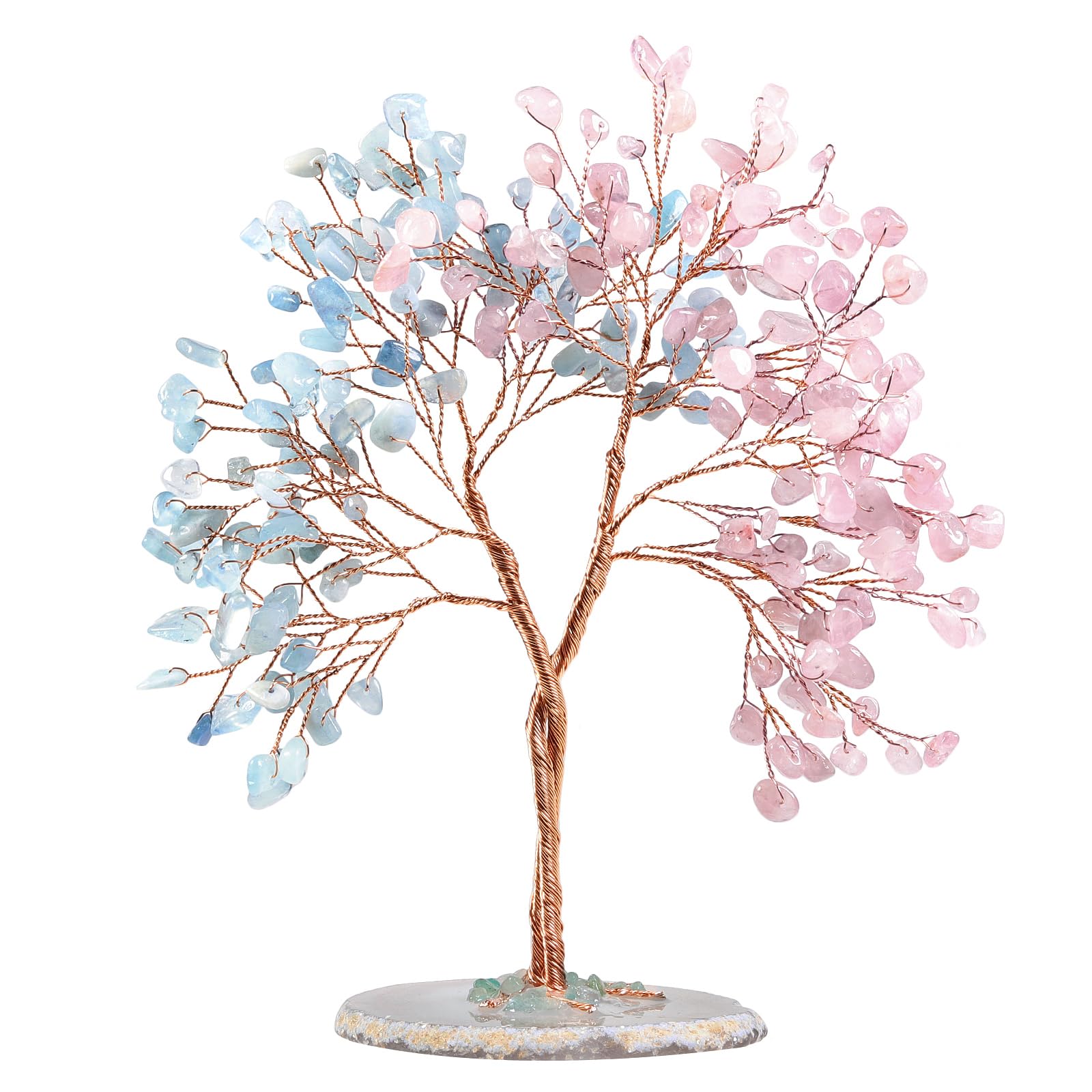 Arbre en cristal de quartz rose et aigue-marine avec base agate d'exception