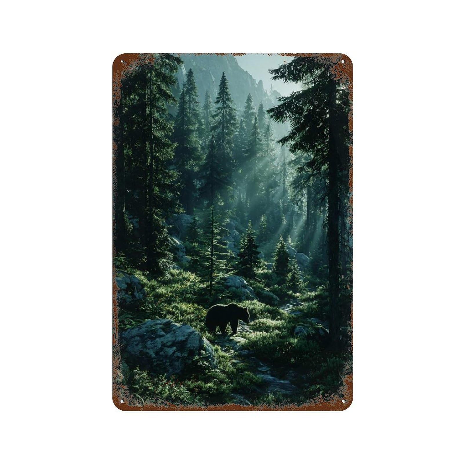 Vintage Rust Metal Sign with Bear in A Sunlit Forest Design 11.8"x7.9", for Office, Studio And Wall Decor, Farmhouse Wall Decor