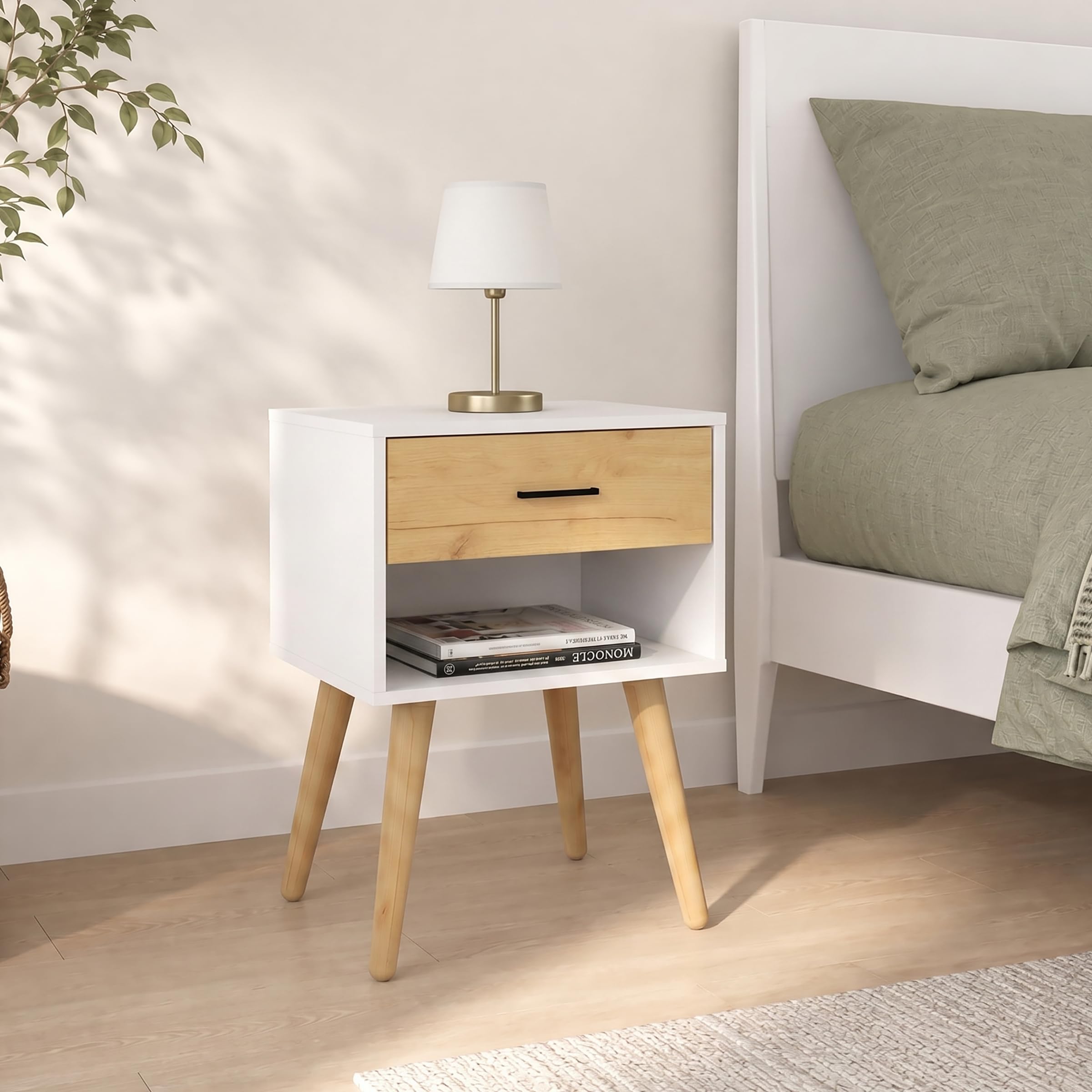 VCM Nachttisch mit Schublade und Ablagefach, 45 x 30 x 70 cm, Beistelltisch im Retro-Design mit Holzfüßen - Singol XL Weiß/Honig-Eiche
