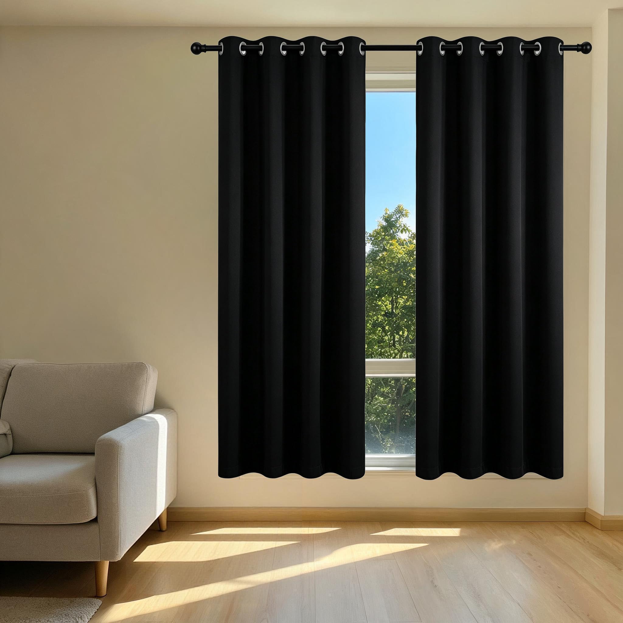 Cortinas Opacas Termicas 170 x 200 cm Proteccion UV y Privacidad Cortina con Ojales, Cortina Gruesa con Ojales para Salon y Dormitorio, Negro