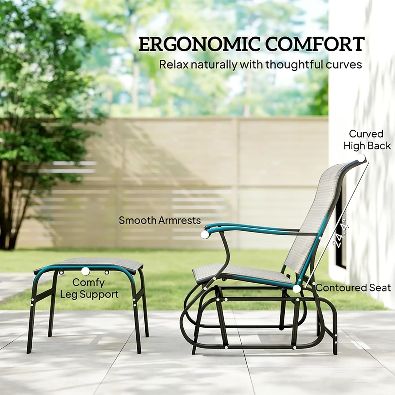 Outdoor Glider Chair with Ottoman, Mesh Patio Glider, Anti-Rust Steel Frame, Anti-Slip Pads for Porch Garden Backyard(Brown)